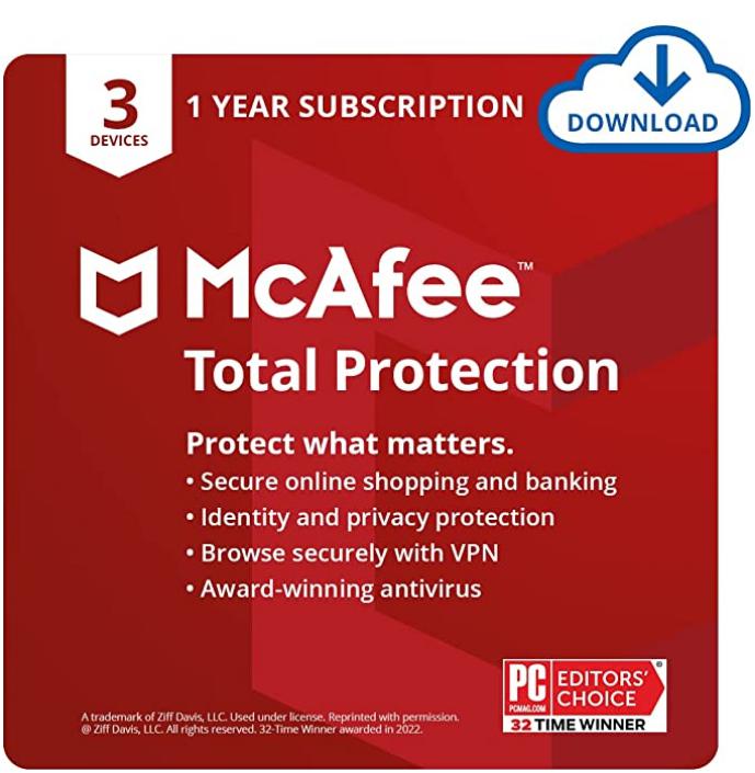 SALE UP TO 72% McAfee Total Protection 2022 | 3 Device | Antivirus Internet Security Software | VPN, Password Manager & Dark Web Monitoring Included | PC/Mac/Android/iOS | 1 Year Subscription | Download Code