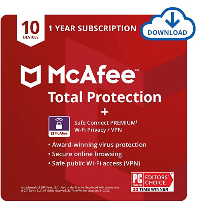 SALE UP TO 73% McAfee Total Protection with Safe Connect VPN 2022 | 10 Device | Antivirus Internet Security Software, VPN, Password Manager, Parental Control, Privacy, 1 Year, Download Code