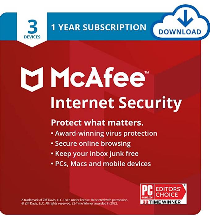 SALE UP TO 75% McAfee Internet Security 2022 | 3 Device | Antivirus Software, Password Protection, 1 Year – Download Code