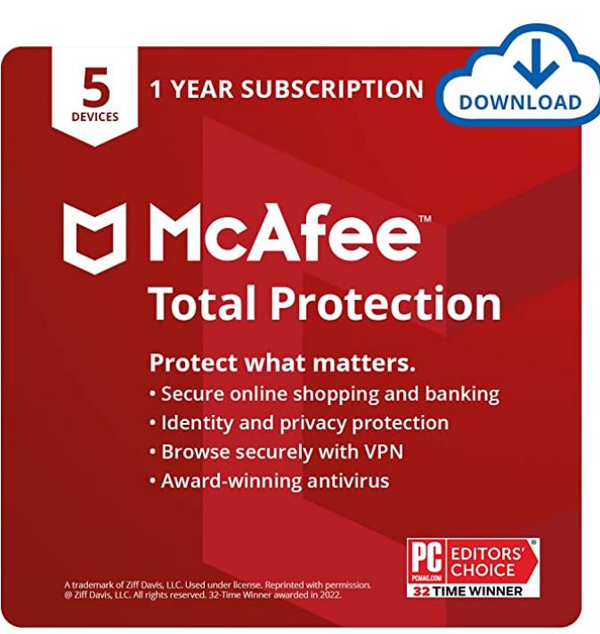 SALE UP TO 75% McAfee Total Protection 2022 | 5 Device | Antivirus Internet Security Software | VPN, Password Manager & Dark Web Monitoring Included | PC/Mac/Android/iOS | 1 Year Subscription | Download Code