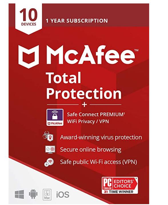 McAfee Total Protection with Safe Connect VPN 2022 | 10 Device | Antivirus Internet Security Software, VPN, Password Manager, Parental Control, Privacy, 1 Year, Key Card