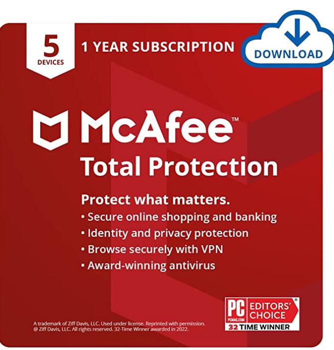 SALE UP TO 75% McAfee Total Protection 2022 | 5 Device | Antivirus Internet Security Software | VPN, Password Manager & Dark Web Monitoring Included | PC/Mac/Android/iOS | 1 Year Subscription | Download Code