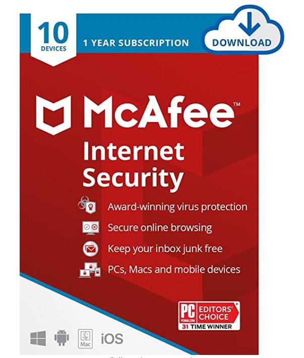 SALE UP TO 67% McAfee Internet Security 2021, 10 Device, Antivirus Software, Password Protection, 1 Year – Download Code