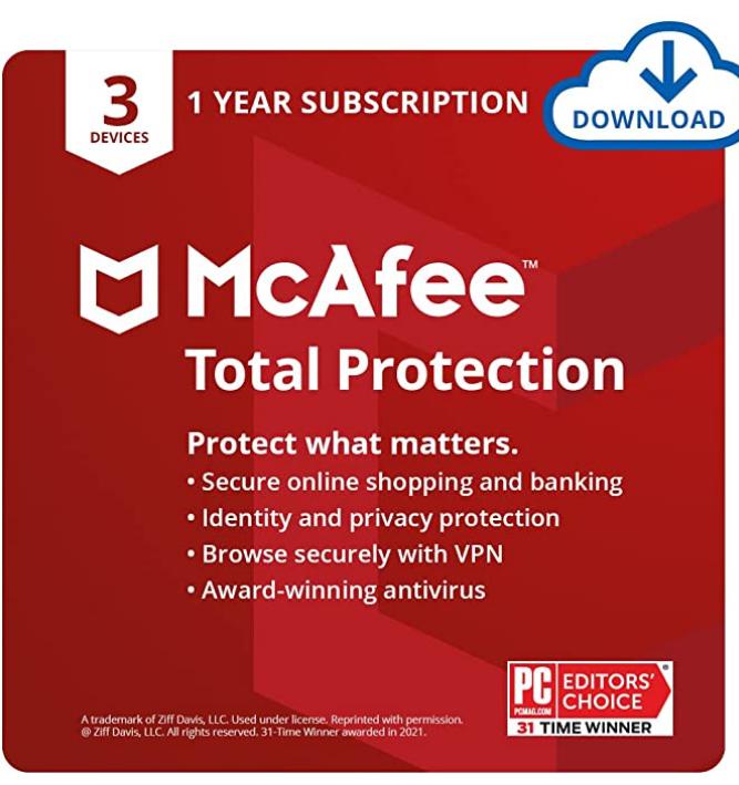 SALE UP TO 76% McAfee Total Protection 2022 | 3 Device | Antivirus Internet Security Software | VPN, Password Manager & Dark Web Monitoring Included | PC/Mac/Android/iOS | 1 Year Subscription | Download Code
