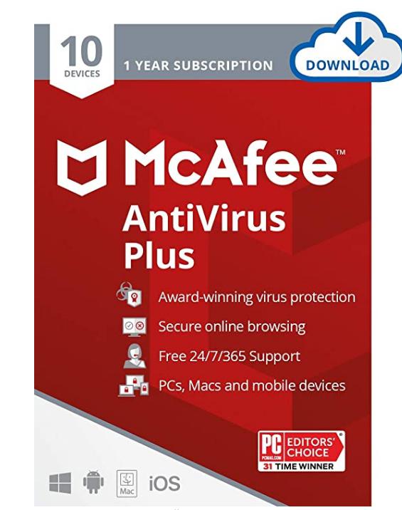 SALE UP TO 70% McAfee AntiVirus Protection Plus 2022 | 10 Device | Internet Security Software, 1 Year – Download Code