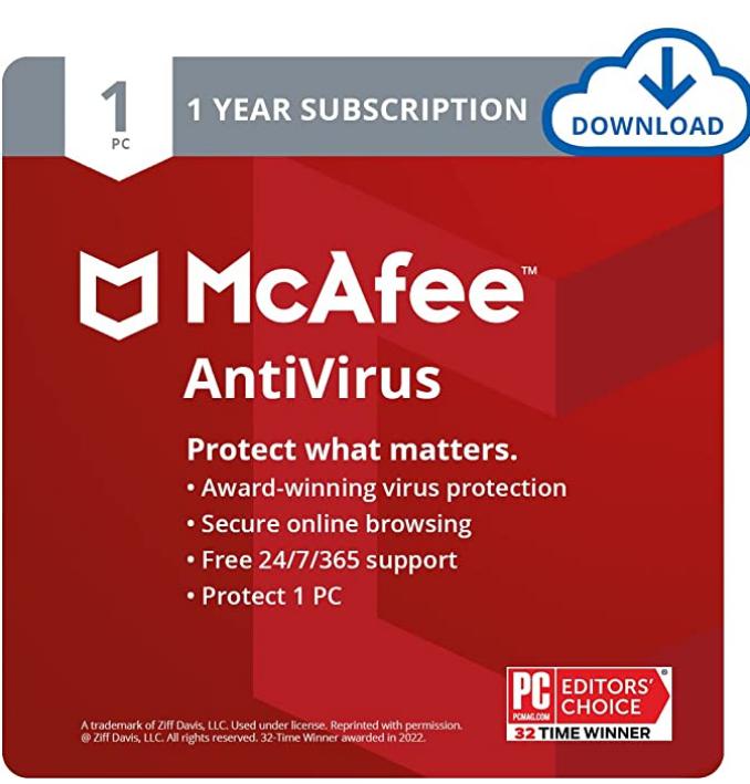 SALE UP TO 68% McAfee AntiVirus Protection 2022 | 1 PC | Internet Security Software, 1 Year – Download Code