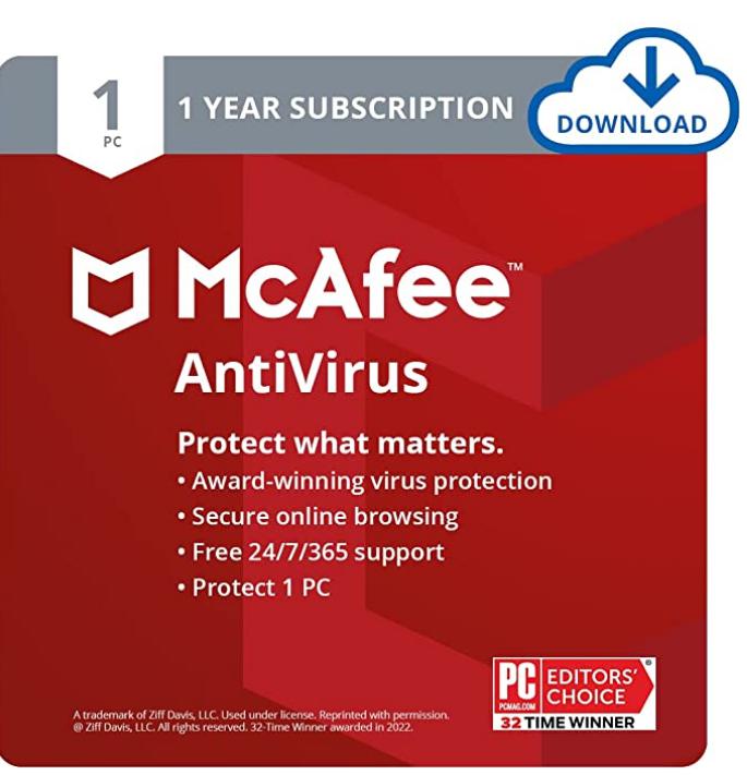SALE UP TO 68% McAfee AntiVirus Protection 2022 | 1 PC | Internet Security Software, 1 Year – Download Code