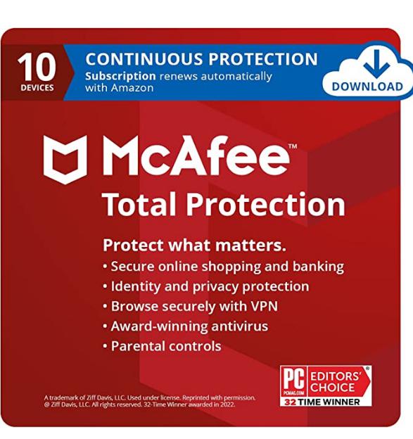 McAfee Total Protection 2022 | 10 Device | Antivirus Internet Security Software | VPN, Password Manager, Dark Web Monitoring & Parental Controls Included | 1-Month with Auto Renewal – Amazon Exclusive Subscription