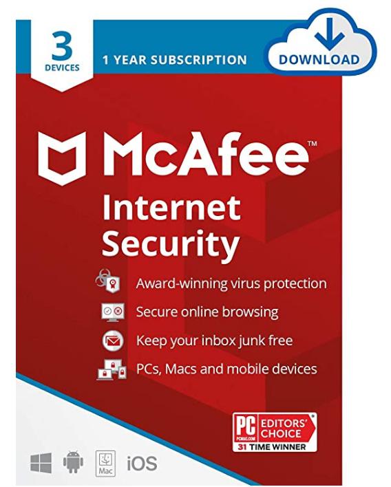 SALE UP TO 75% McAfee Internet Security 2022 | 3 Device | Antivirus Software, Password Protection, 1 Year – Download Code