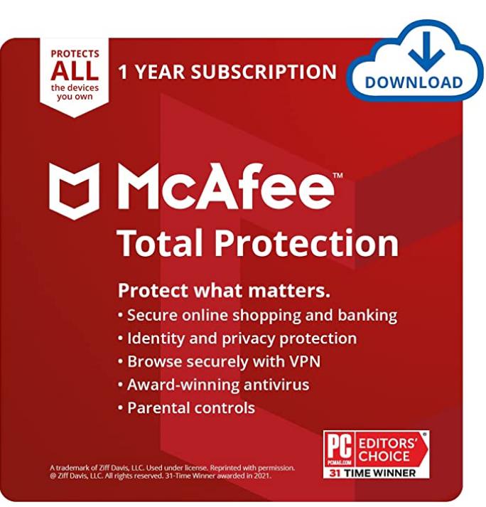 McAfee Total Protection 2022 | Unlimited Devices | Antivirus Internet Security Software | VPN, Password Manager, Dark Web Monitoring & Parental Controls Included | 1 Year Subscription | Download Code