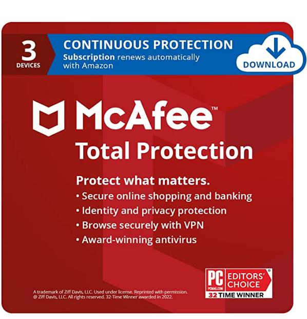 McAfee Total Protection 2022 | 3 Device | Antivirus Internet Security Software | VPN, Password Manager & Dark Web Monitoring Included | PC/Mac/Android/iOS | 1-Month with Auto Renewal – Amazon Exclusive Subscription