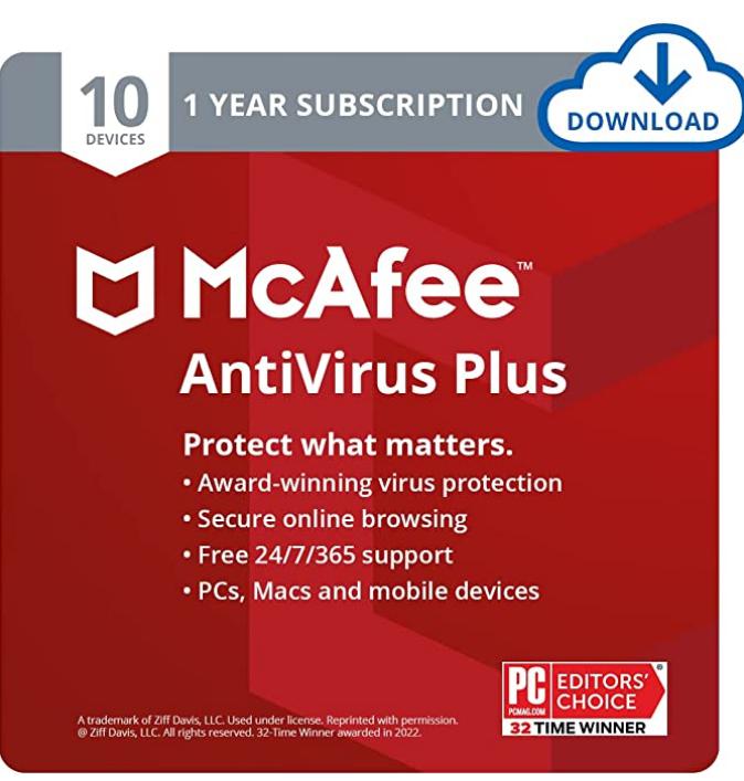 SALE UP TO 67% McAfee AntiVirus Protection Plus 2022 | 10 Device | Internet Security Software, 1 Year – Download Code