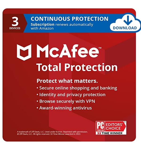 McAfee Total Protection 2022 | 3 Device | Antivirus Internet Security Software | VPN, Password Manager & Dark Web Monitoring Included | PC/Mac/Android/iOS | 1 Year with Auto Renewal – Amazon Exclusive Subscription