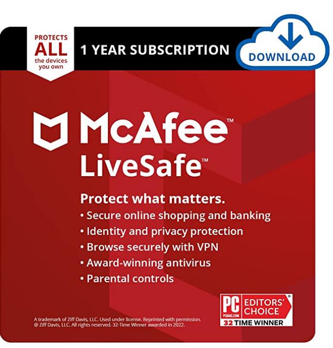 SALE UP TO 58% McAfee Live Safe 2021 Unlimited Devices Antivirus Internet and Identity Security Software, Safe Family, 1 Year – Download Code
