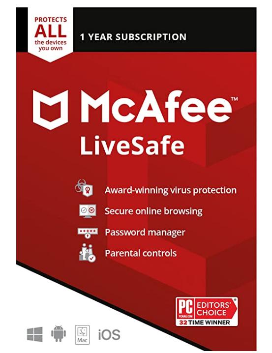 McAfee Live Safe 2021 Unlimited Devices Antivirus Internet and Identity Security Software, Safe Family, 1 Year – Key Card
