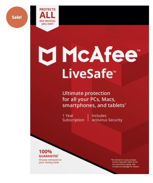 MCAFEE LIVESAFE 90% OFF – 1-YEAR / UNLIMITED DEVICES – GLOBAL