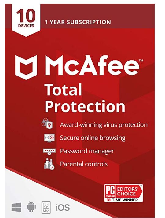 McAfee Total Protection 2022 | 10 Device | Antivirus Internet Security Software | VPN, Password Manager, Dark Web Monitoring & Parental Controls Included | 1 Year Subscription | Key Card