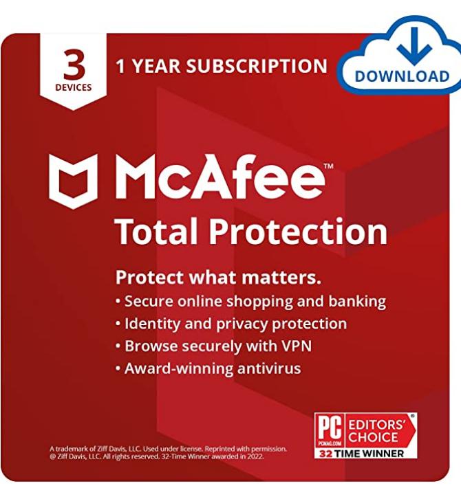 McAfee Total Protection 2022 | 3 Device | Antivirus Internet Security Software | VPN, Password Manager & Dark Web Monitoring Included | PC/Mac/Android/iOS | 1 Year Subscription | Download Code