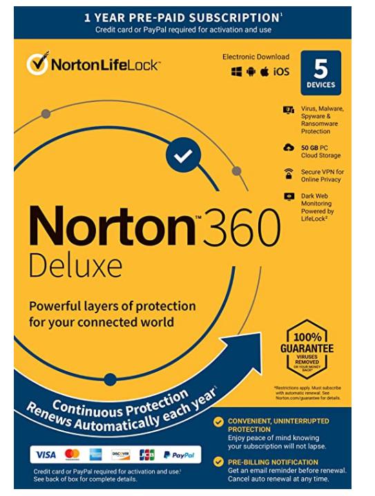 SALE UP TO 10% Norton 360 Deluxe 2022 Antivirus software for 5 Devices with Auto Renewal – Includes VPN, PC Cloud Backup & Dark Web Monitoring [Key Card]