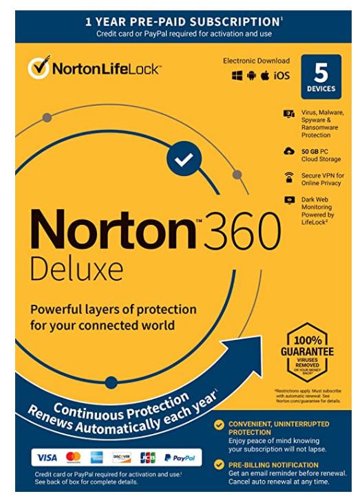 Norton 360 Deluxe 2022 Antivirus software for 5 Devices with Auto Renewal – Includes VPN, PC Cloud Backup & Dark Web Monitoring [Key Card]