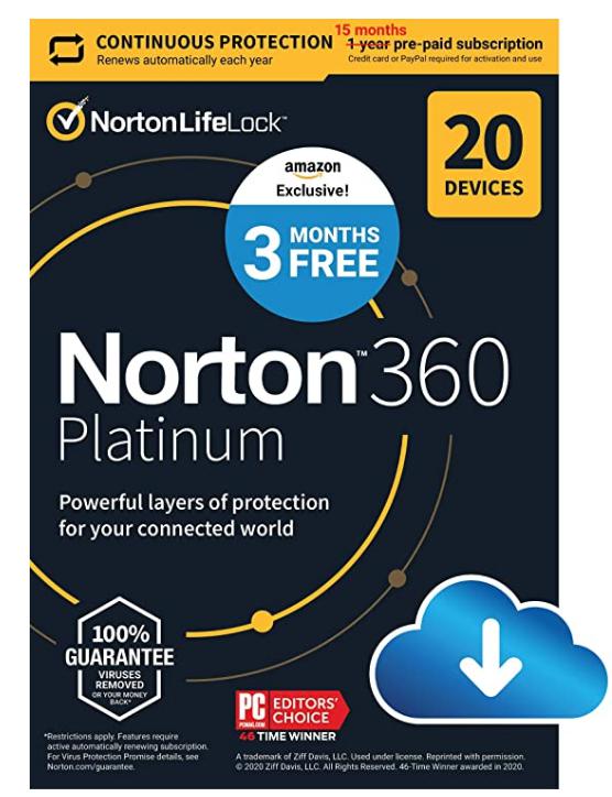 SALE UP TO 62% Norton 360 Platinum 2022 Antivirus software for 20 Devices with Auto Renewal – 3 Months FREE – Includes VPN, PC Cloud Backup & Dark Web Monitoring [Download]