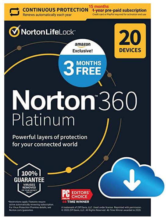SALE UP TO 62% Norton 360 Platinum 2022 Antivirus software for 20 Devices with Auto Renewal – 3 Months FREE – Includes VPN, PC Cloud Backup & Dark Web Monitoring [Download]