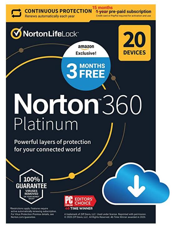 SALE UP TO 69% Norton 360 Platinum 2022 Antivirus software for 20 Devices with Auto Renewal – 3 Months FREE – Includes VPN, PC Cloud Backup & Dark Web Monitoring [Download]