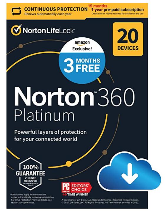 SALE UP TO 16% Norton 360 Platinum 2022 Antivirus software for 20 Devices with Auto Renewal – 3 Months FREE – Includes VPN, PC Cloud Backup & Dark Web Monitoring [Download]