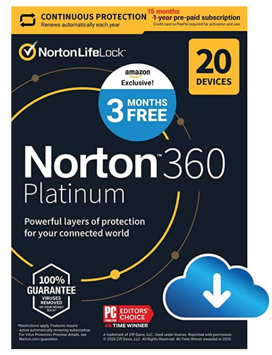 SALE UP TO 69% Norton 360 Platinum 2022 Antivirus software for 20 Devices with Auto Renewal – 3 Months FREE – Includes VPN, PC Cloud Backup & Dark Web Monitoring [Download]