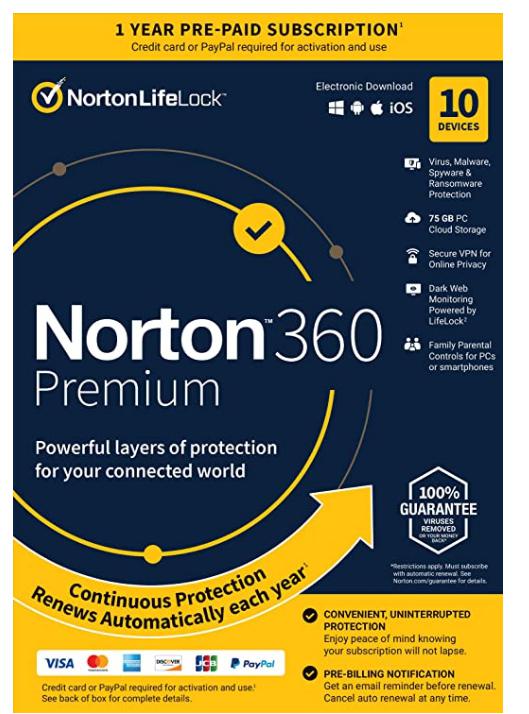 Norton 360 Premium 2022 Antivirus software for 10 Devices with Auto Renewal – Includes VPN, PC Cloud Backup & Dark Web Monitoring [Key card]