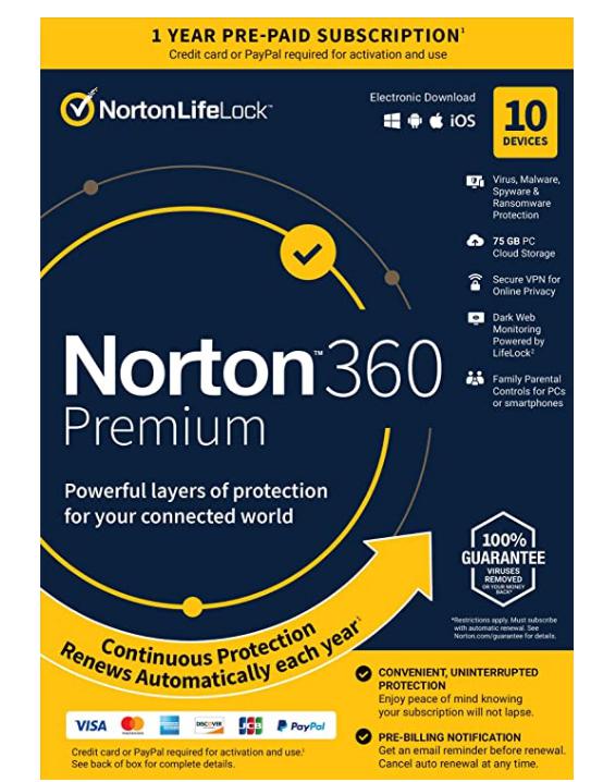 Norton 360 Premium 2022 Antivirus software for 10 Devices with Auto Renewal – Includes VPN, PC Cloud Backup & Dark Web Monitoring [Key card]