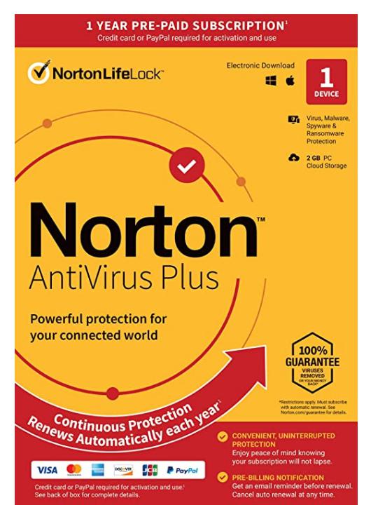 Norton AntiVirus Plus 2022 Antivirus software for 1 Device with Auto-Renewal – Includes Password Manager, Smart Firewall and PC Cloud Backup [Key Card]