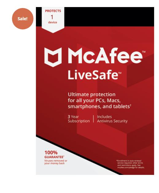 Up to 84% MCAFEE LIVESAFE – 3-YEAR / 1 DEVICE – GLOBAL