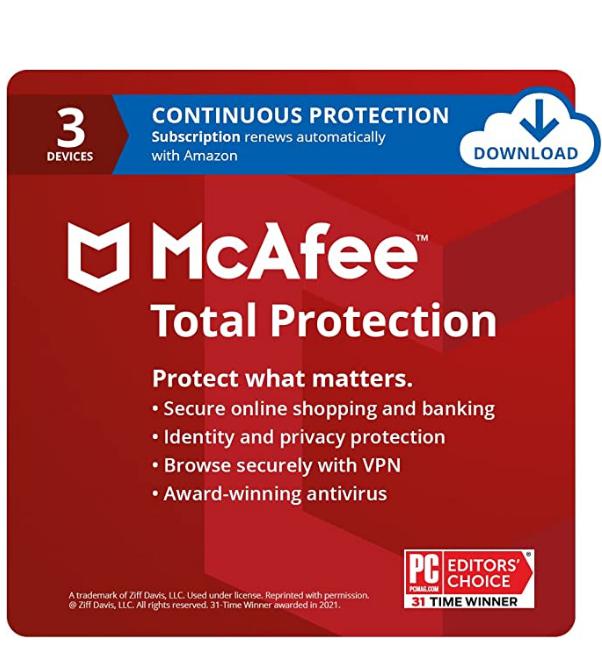 McAfee Total Protection 2022 | 3 Device | Antivirus Internet Security Software | VPN, Password Manager & Dark Web Monitoring Included | PC/Mac/Android/iOS | 1 Year with Auto Renewal – Amazon Exclusive Subscription