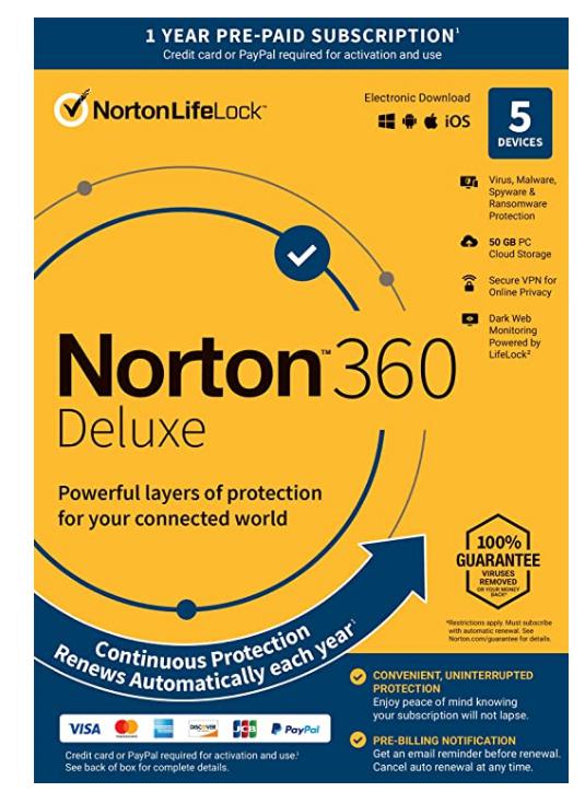 10% OFF Norton 360 Deluxe 2022 Antivirus software for 5 Devices with Auto Renewal – Includes VPN, PC Cloud Backup & Dark Web Monitoring [Key Card]
