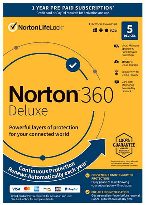 SALE UP TO 10% Norton 360 Deluxe 2022 Antivirus software for 5 Devices with Auto Renewal – Includes VPN, PC Cloud Backup & Dark Web Monitoring [Key Card]