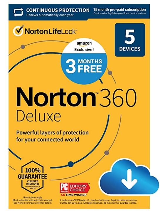 EXCLUSIVE Norton 360 Deluxe – Antivirus software for 5 Devices with Auto Renewal – 15 Month Subscription – 3 Months FREE – Includes VPN, PC Cloud Backup & Dark Web Monitoring powered by LifeLock – 2020 Ready [Download]