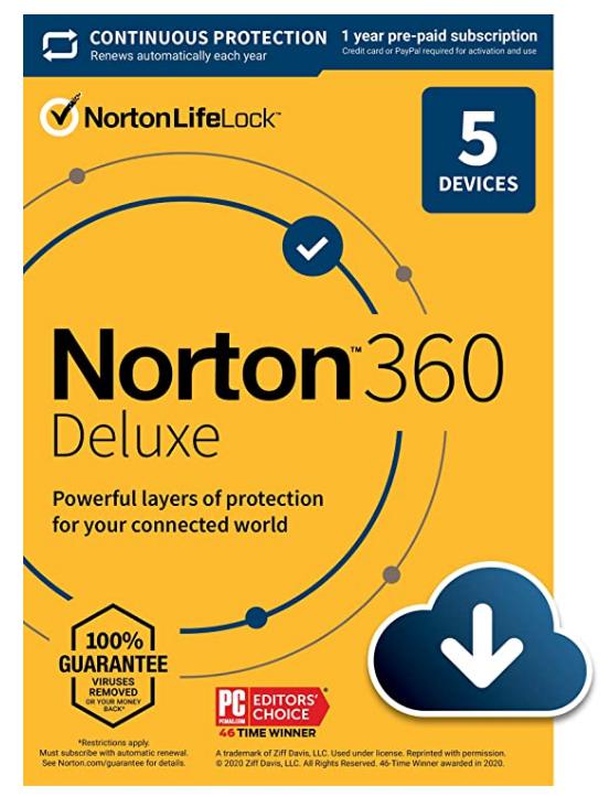 SALE TO UP 69% Norton 360 Deluxe 2022 Antivirus software for 5 Devices with Auto Renewal – Includes VPN, PC Cloud Backup & Dark Web Monitoring [Download]