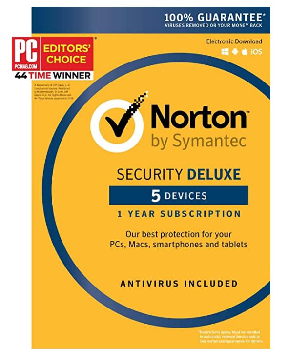 Symantec Norton Security Deluxe – 5 Devices – 1 Year Subscription [PC/Mac/Mobile Key Card]