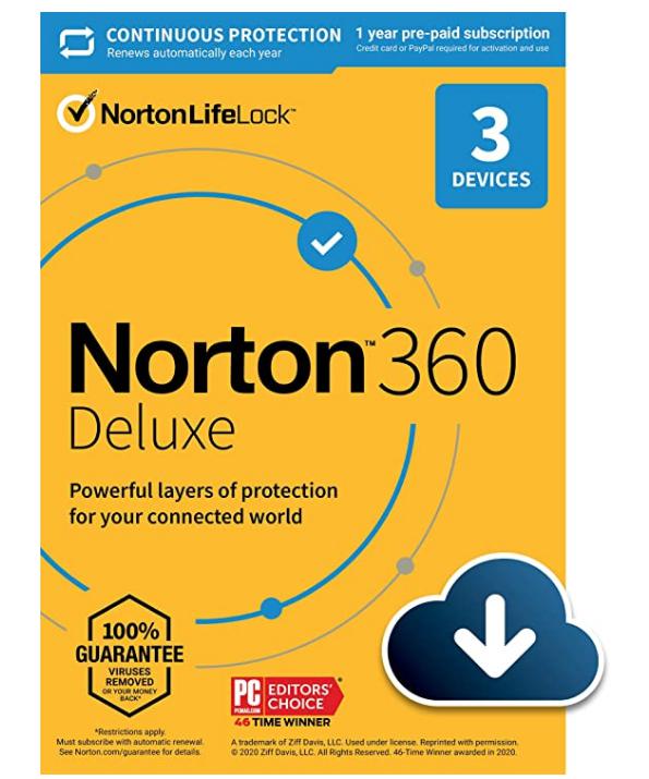 SALE TO UP 60% Norton 360 Deluxe 2022 Antivirus software for 3 Devices with Auto Renewal – Includes VPN, PC Cloud Backup & Dark Web Monitoring [Download]