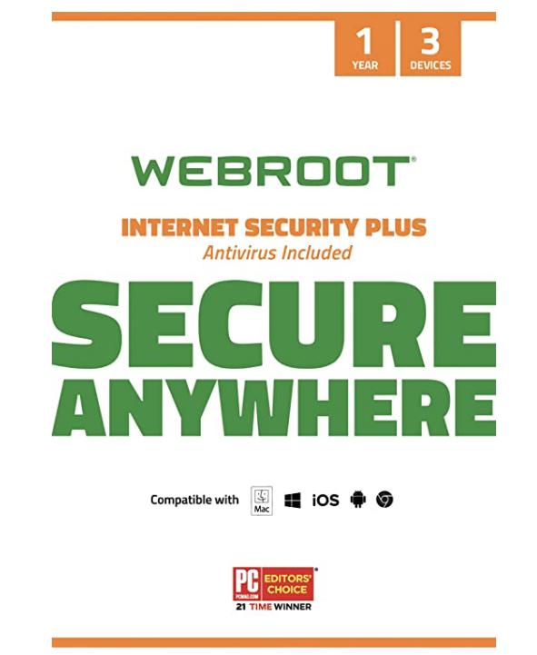 Webroot Internet Security Plus 2022 | Antivirus Software against Computer Virus, Malware, Phishing and more | 3-Device | 1-Year Subscription | Keycard