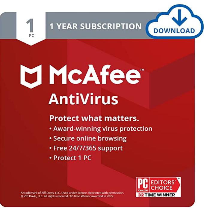 SALE UP TO 63% McAfee AntiVirus Protection 2022 | 1 PC | Internet Security Software, 1 Year – Download Code