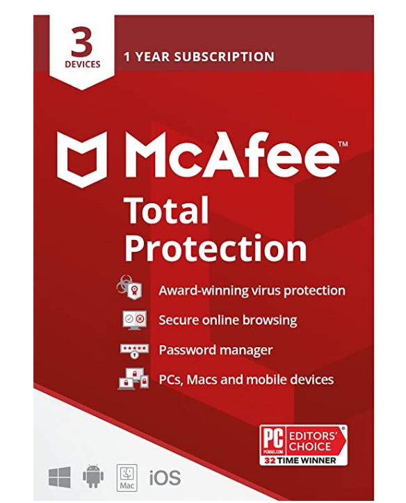 McAfee Total Protection 2022 | 3 Device | Antivirus Internet Security Software | VPN, Password Manager & Dark Web Monitoring Included | PC/Mac/Android/iOS | 1 Year Subscription | Key Card