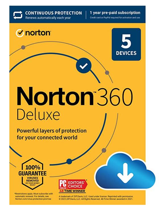 SALE UP TO 72% Norton 360 Deluxe 2022 Antivirus software for 5 Devices with Auto Renewal – Includes VPN, PC Cloud Backup & Dark Web Monitoring [Download]