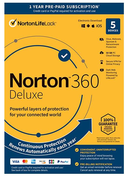 SALE UP TO 25% Norton 360 Deluxe 2022 Antivirus software for 5 Devices with Auto Renewal – Includes VPN, PC Cloud Backup & Dark Web Monitoring [Key Card]