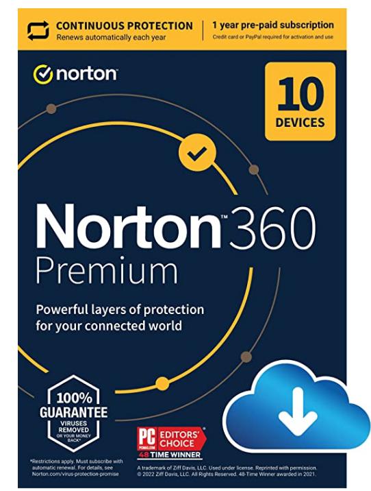 SALE UP TO 70% Norton 360 Premium 2022 Antivirus software for 10 Devices with Auto Renewal – Includes VPN, PC Cloud Backup & Dark Web Monitoring [Download]