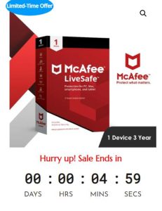 Sale Off McAfee LiveSafe 2022 1 Device 3 Year Subscription Windows + Android + IOS - 70%